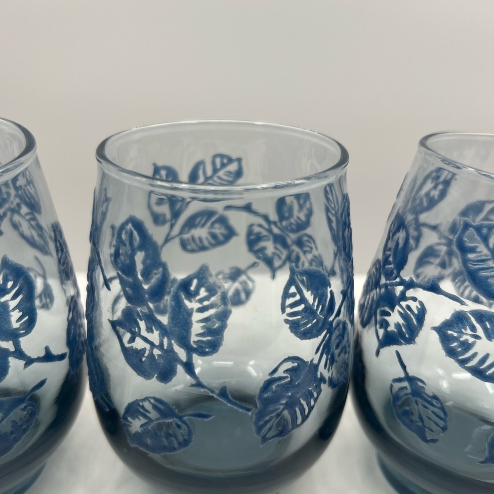 Libbey Juice Eventide Glasses Painted Blue leaves Set of 4 Vintage - Picture 4 of 9